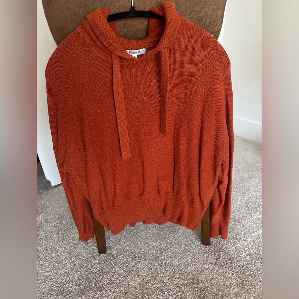 🍂 Madewell Burnt Orange Knit Hoodie Sweater – Cozy Lightweight Pullover (Size L)